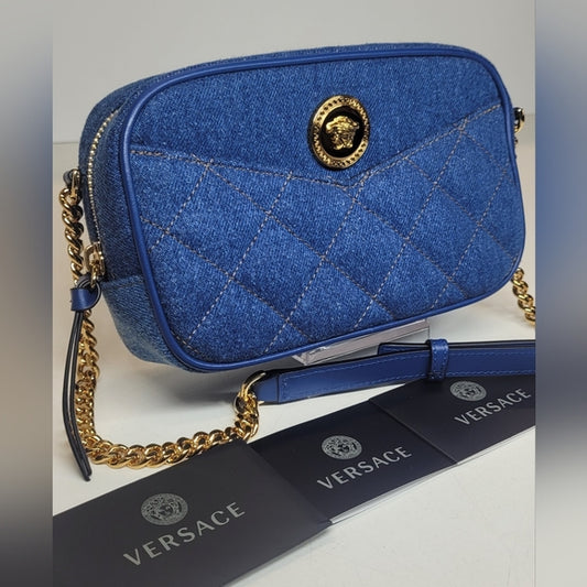 Versace Blue and Gold Crossbody Bag with Textured Fabric and Zipper Closure
