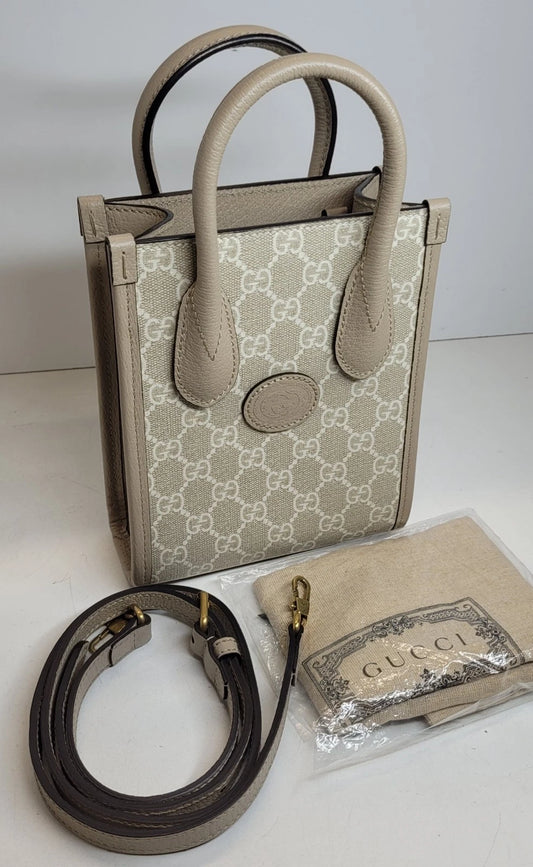 Gucci Interlocking G Beige Coated Canvas Mini 2 Way Tote Bag