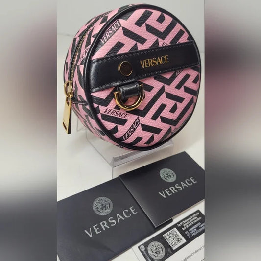 Versace La Greca Pink Coated Canvas Round Cosmetic Pouch