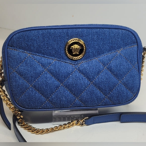 Versace Blue and Gold Crossbody Bag with Textured Fabric and Zipper Closure