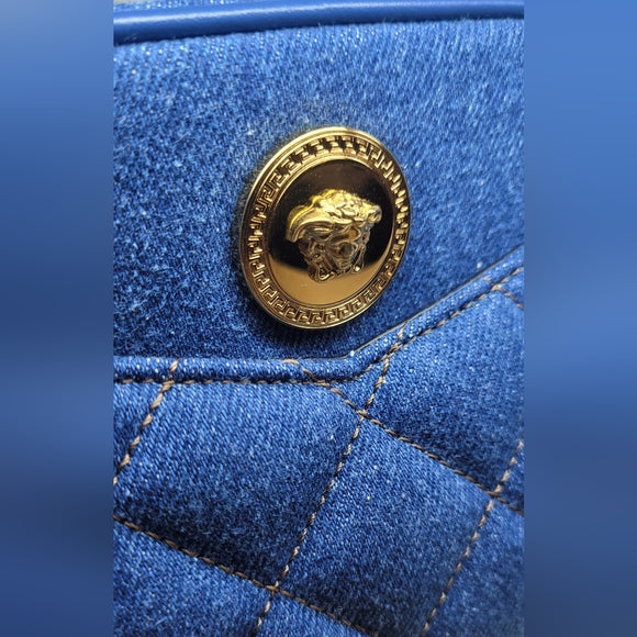 Versace Blue and Gold Crossbody Bag with Textured Fabric and Zipper Closure