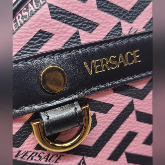 Versace La Greca Pink Coated Canvas Round Cosmetic Pouch