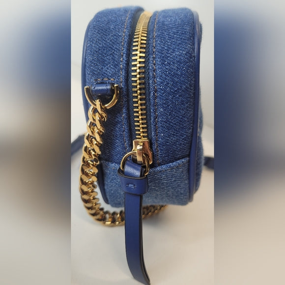 Versace Blue and Gold Crossbody Bag with Textured Fabric and Zipper Closure