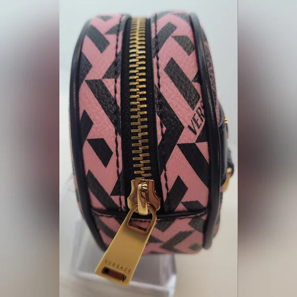 Versace La Greca Pink Coated Canvas Round Cosmetic Pouch