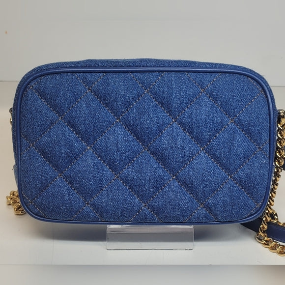 Versace Blue and Gold Crossbody Bag with Textured Fabric and Zipper Closure