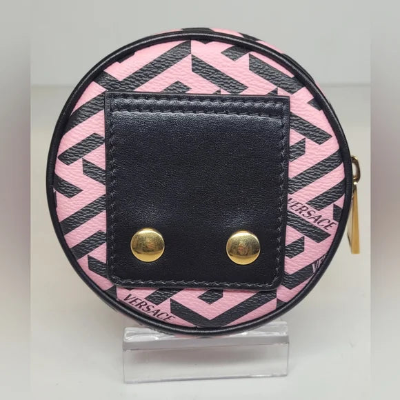 Versace La Greca Pink Coated Canvas Round Cosmetic Pouch