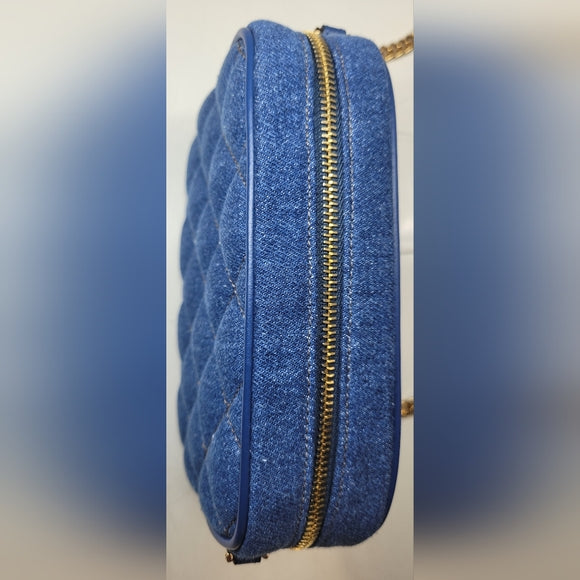 Versace Blue and Gold Crossbody Bag with Textured Fabric and Zipper Closure