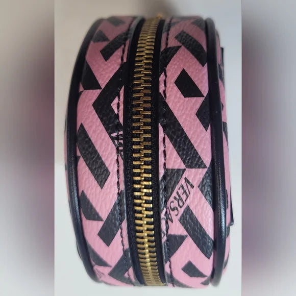 Versace La Greca Pink Coated Canvas Round Cosmetic Pouch
