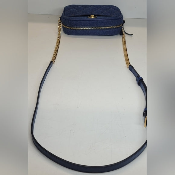 Versace Blue and Gold Crossbody Bag with Textured Fabric and Zipper Closure