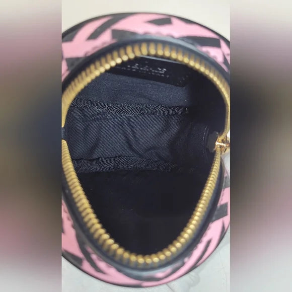 Versace La Greca Pink Coated Canvas Round Cosmetic Pouch