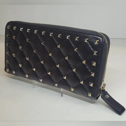 Valentino Garvavani Black Lambskin Leather Studded Long Zippy Wallet