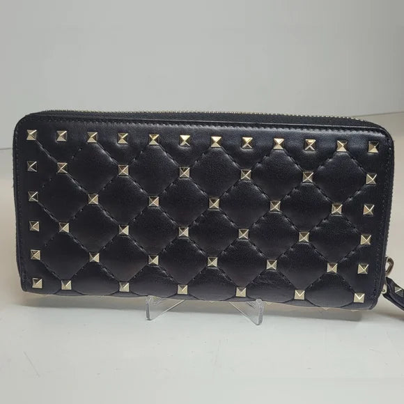 Valentino Garvavani Black Lambskin Leather Studded Long Zippy Wallet
