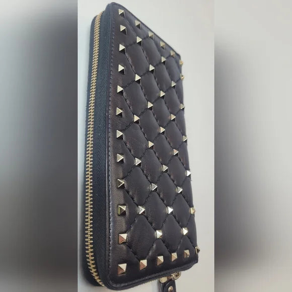 Valentino Garvavani Black Lambskin Leather Studded Long Zippy Wallet