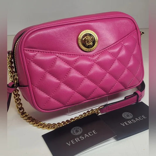 Versace La Medusa Pink Quilted Crossbody Camera Bag
