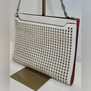 Christian Louboutin White Silver Studded crossbody Bag Pochette Clutch Bag