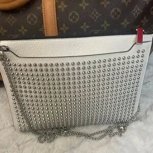 Christian Louboutin White Silver Studded crossbody Bag Pochette Clutch Bag