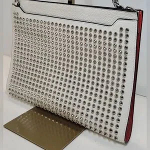 Christian Louboutin White Silver Studded crossbody Bag Pochette Clutch Bag