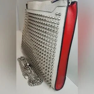 Christian Louboutin White Silver Studded crossbody Bag Pochette Clutch Bag