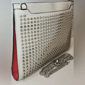 Christian Louboutin White Silver Studded crossbody Bag Pochette Clutch Bag