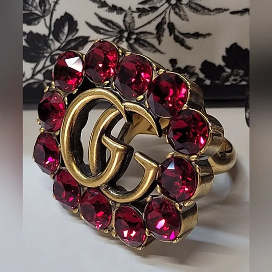 Gucci Marmont Double G Pink Crystal Gold Ring