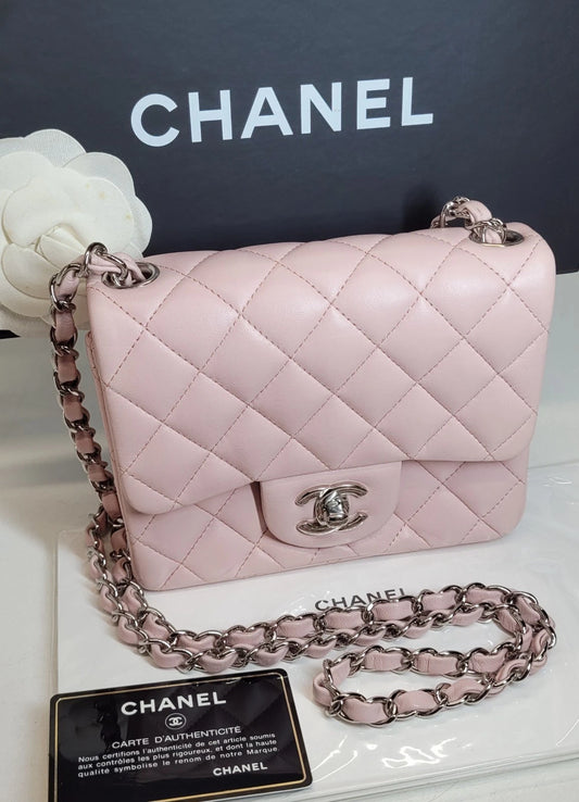 Chanel Quilted Pink Lambskin Classic Mini Square Crossbody Bag w/box