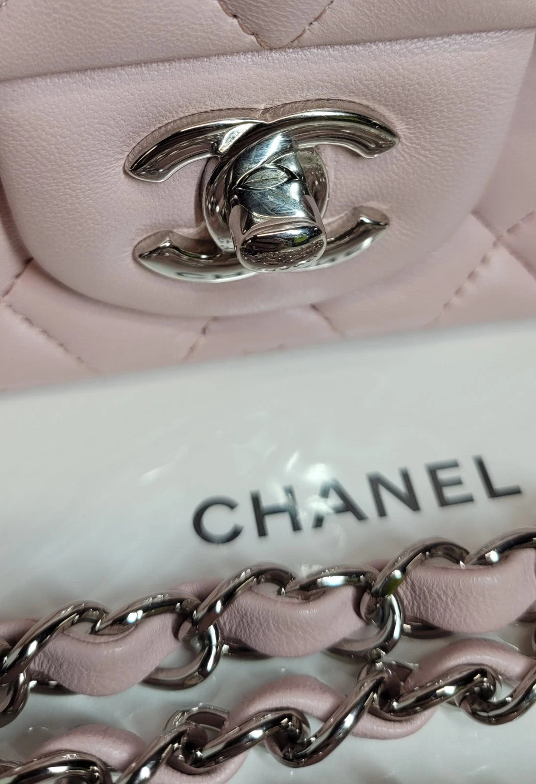 Chanel Quilted Pink Lambskin Classic Mini Square Crossbody Bag w/box