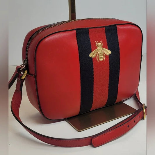 Gucci Webby Bee Red Calfskin Leather Crossbody Bag