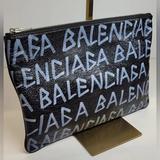Balenciaga Black Leather Logo Clutch