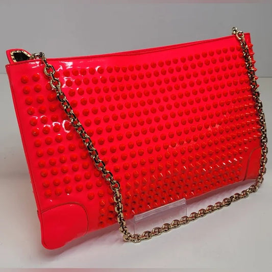 Christian Louboutin Neon Pink Patent Leather Orange Studded Clutch