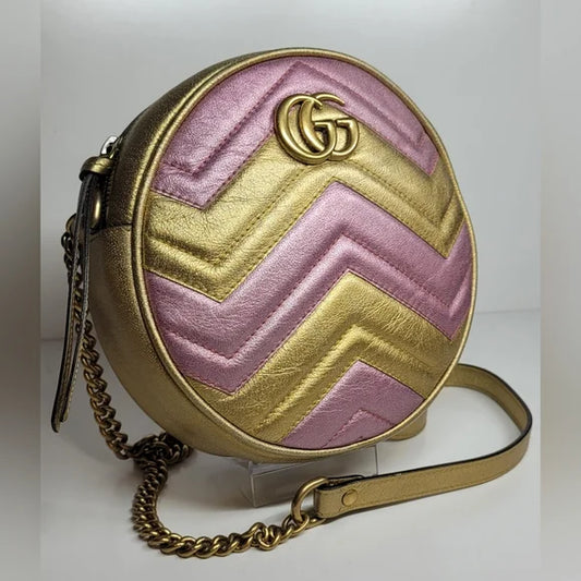 Gucci GG Marmont Pink and Gold Round Crossbody Bag