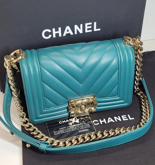 Chanel Lambskin Teal Chevron Leather Boy Bag Series 27