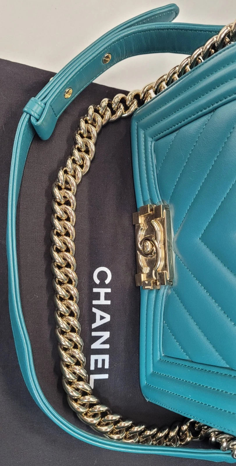 Chanel Lambskin Teal Chevron Leather Boy Bag Series 27