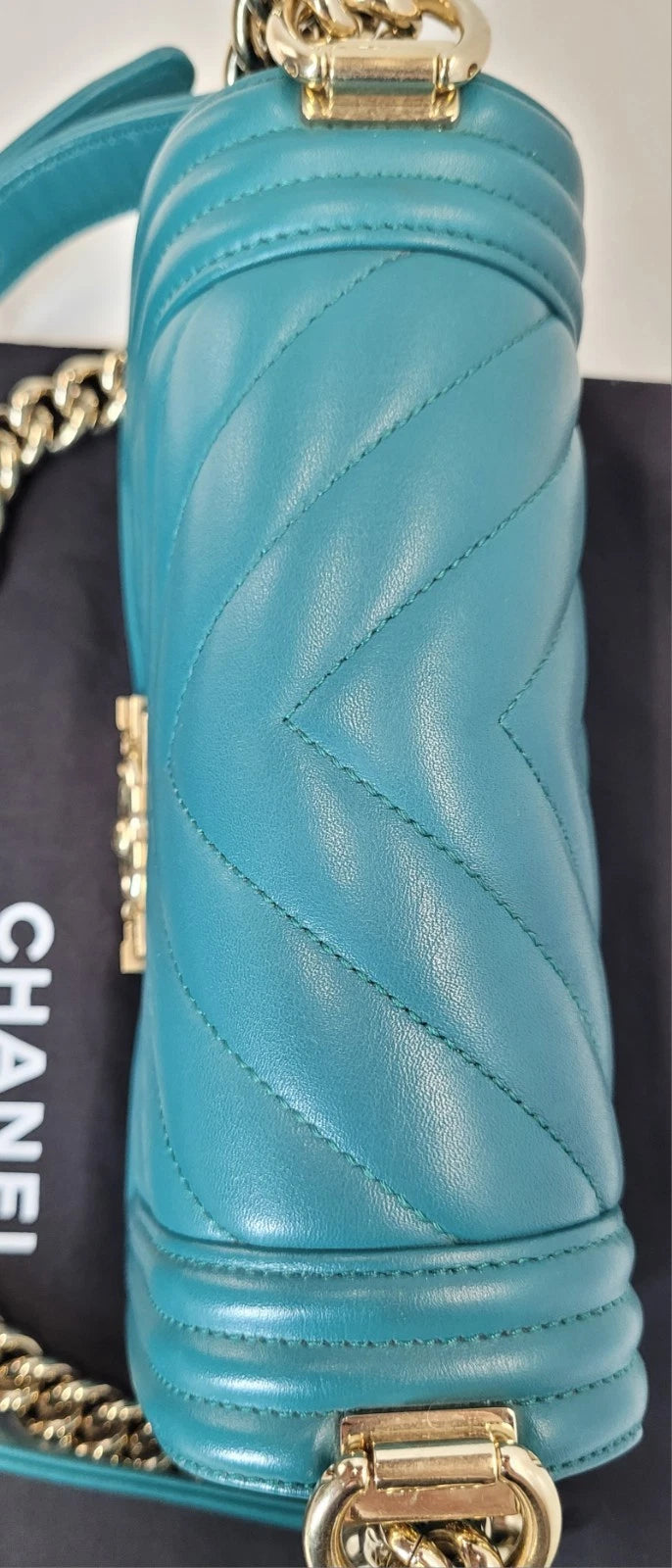 Chanel Lambskin Teal Chevron Leather Boy Bag Series 27
