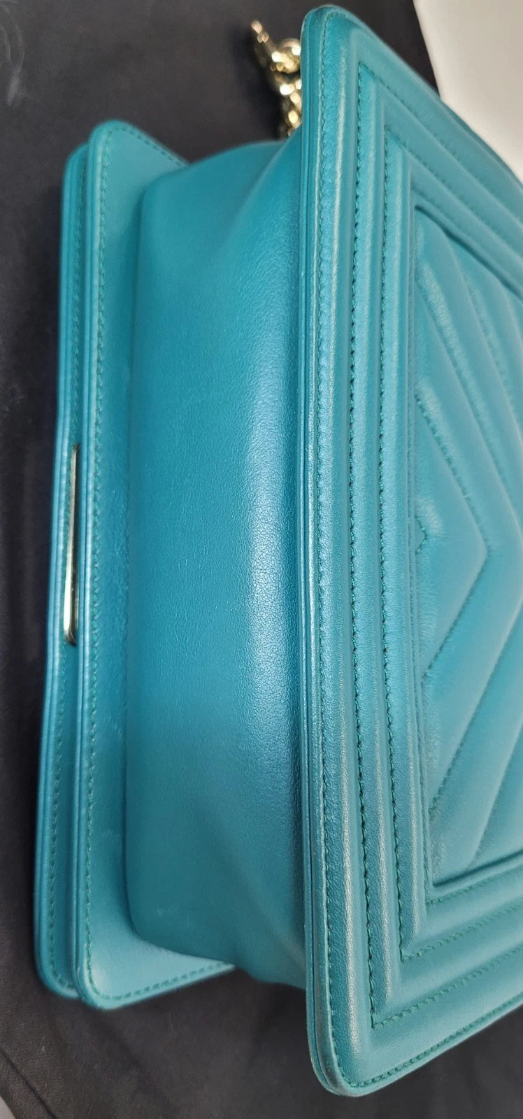 Chanel Lambskin Teal Chevron Leather Boy Bag Series 27